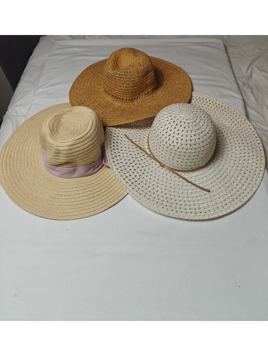 Scala Accessories - Lot Of 3 Womens Wide Brim Sun Hat White Raffia Raffia Fabric Beige Summer
